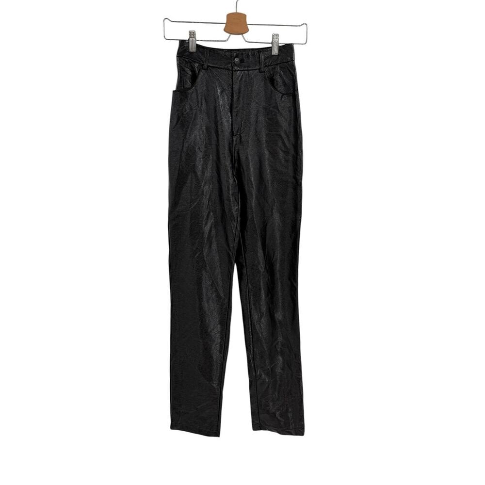 White Fox Crinkle Patent Straight Leg Pants High Rise Black Size XS